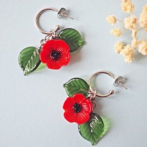 8 Chez Philomène Artisan Verrier Boucles d'Oreilles FLORA Coquelicot