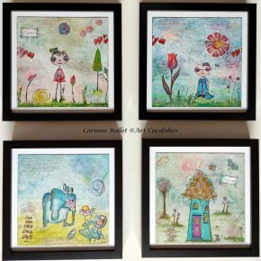 Ensemble de 4 tableaux fantaisistes et poétiques par Corinne Rollet (…)